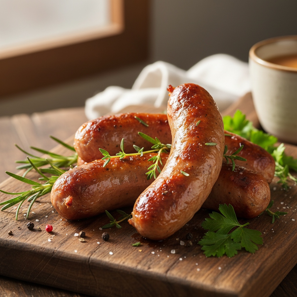Beef breakfast sausage links shown cooked on a wooden board